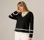 Long Sleeve Drop Shoulder Twofer Sweater In Black Ivory 1