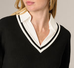 Long Sleeve Drop Shoulder Twofer Sweater In Black Ivory 5