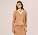 Long Sleeve Drop Shoulder Twofer Sweater In Golden Camel Ivory 3