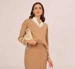 Long Sleeve Drop Shoulder Twofer Sweater In Golden Camel Ivory 1