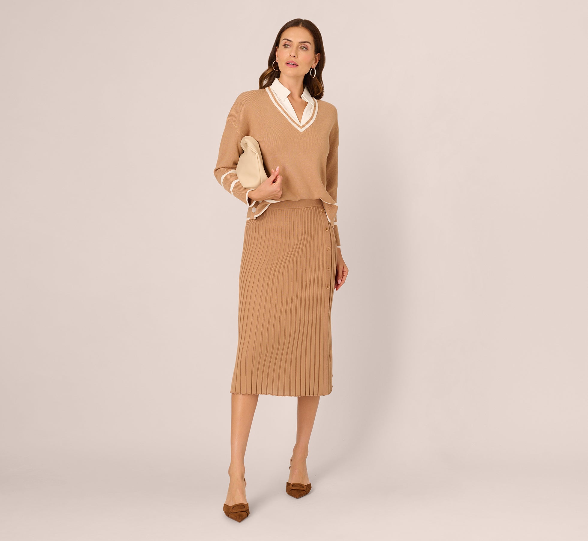 Brown Long Sleeve Drop Shoulder Twofer Sweater - Adrianna Papell