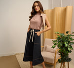 Contrast Stitching Drawstring Midi Skirt In Navy Khaki 1