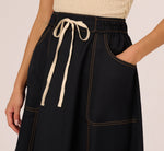 Contrast Stitching Drawstring Midi Skirt In Navy Khaki 3