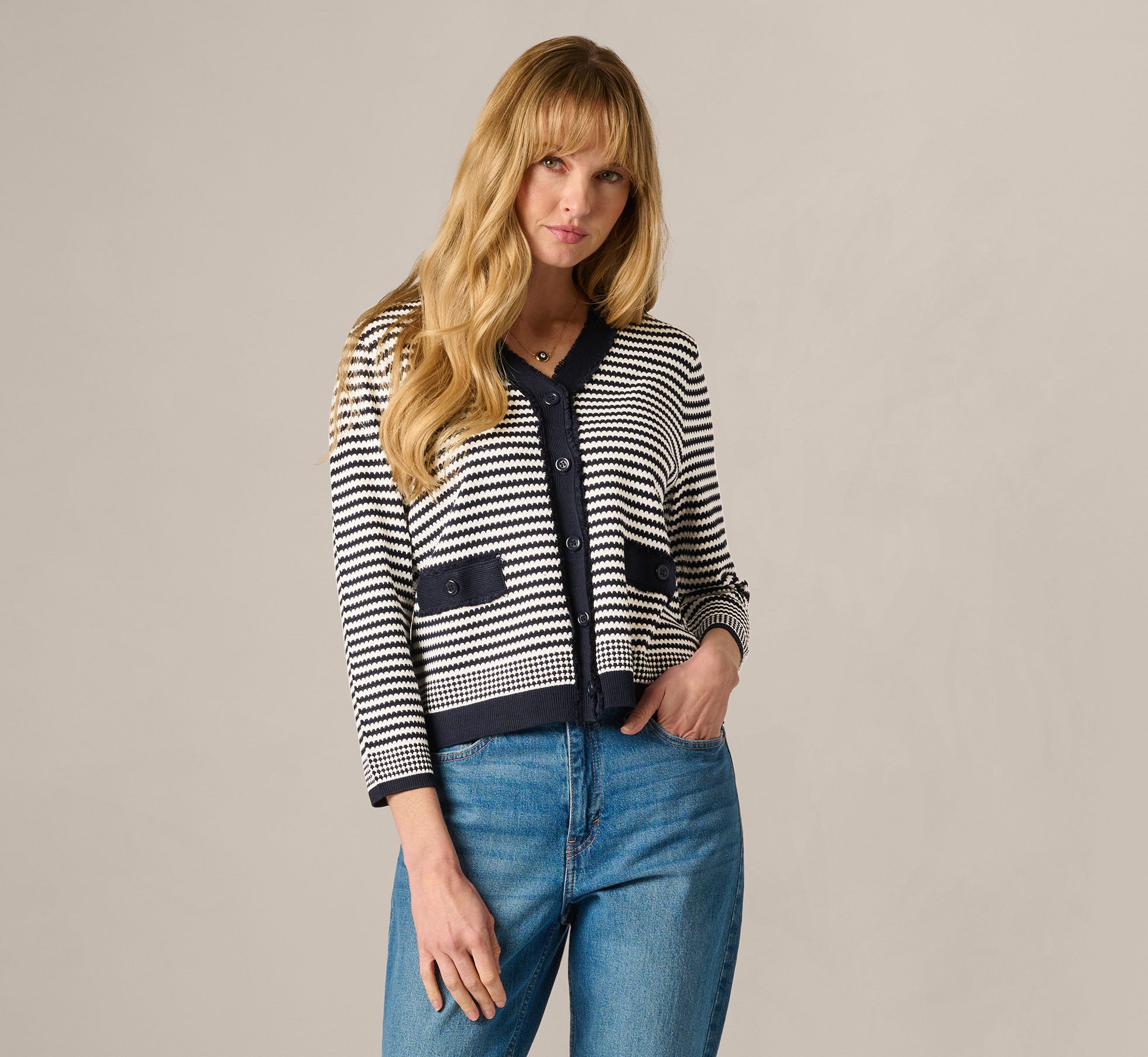 Fringe Trim Cardigan Sweater In Navy Ivory - Adrianna Papell
