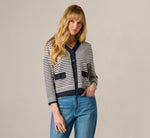 Fringe Trim Cardigan Sweater In Navy Ivory 3