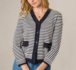 Fringe Trim Cardigan Sweater In Navy Ivory 4