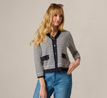 Fringe Trim Cardigan Sweater In Navy Ivory 1