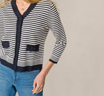 Fringe Trim Cardigan Sweater In Navy Ivory 5