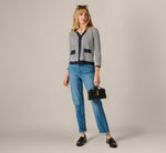 Fringe Trim Cardigan Sweater In Navy Ivory 2