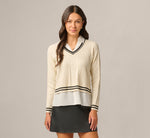 Long Sleeve Cable Knit Twofer Sweater Top In Cream Black W  Ivory 3