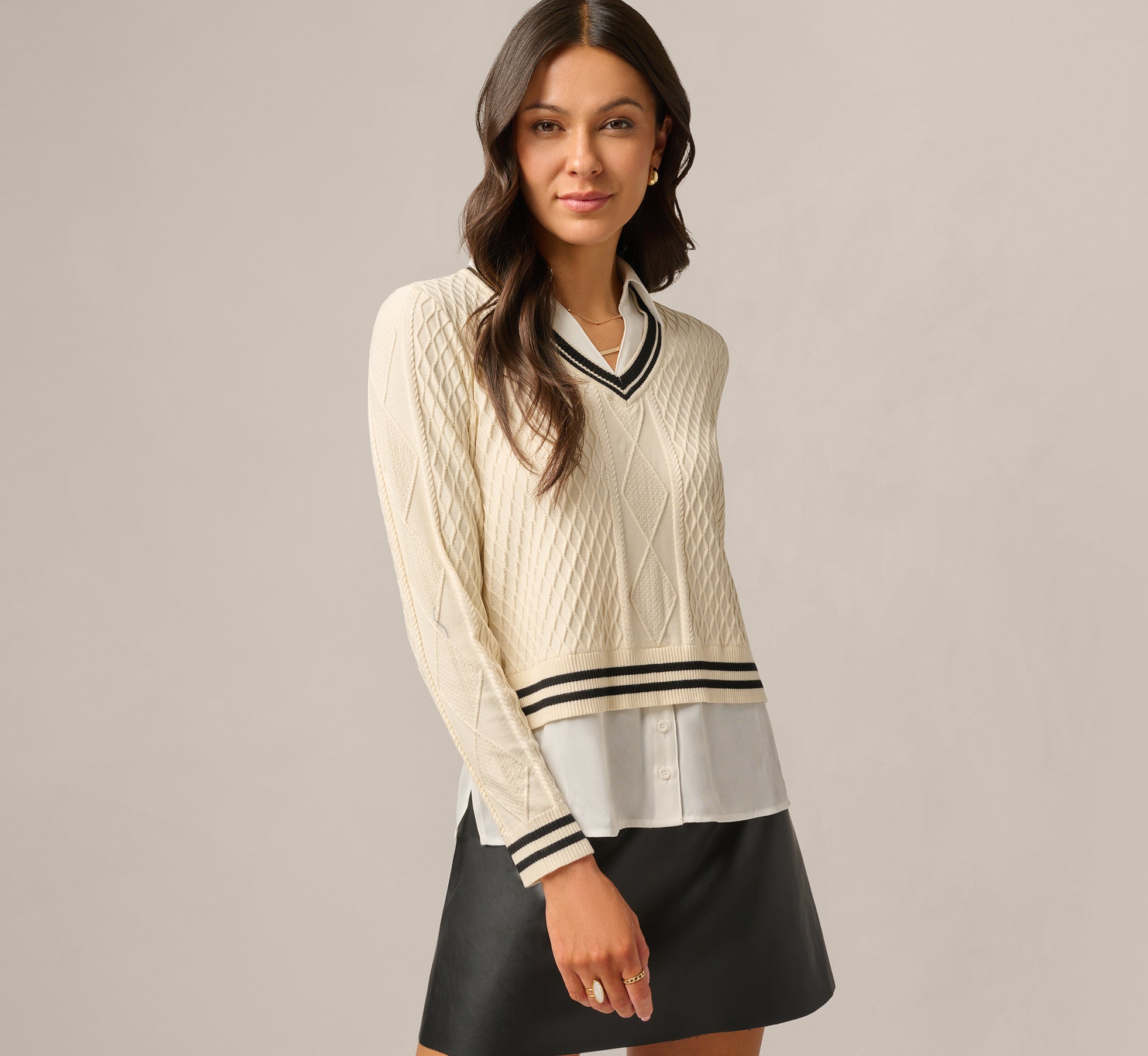 Long Sleeve Cable Knit Twofer Sweater Top In Cream Black W  Ivory 1