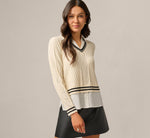 Long Sleeve Cable Knit Twofer Sweater Top In Cream Black W  Ivory 1