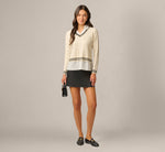 Long Sleeve Cable Knit Twofer Sweater Top In Cream Black W  Ivory 2