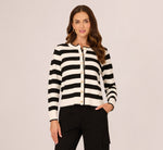 Textured Knit Blanket Stitch Cardigan Sweater In Ivory Black 3