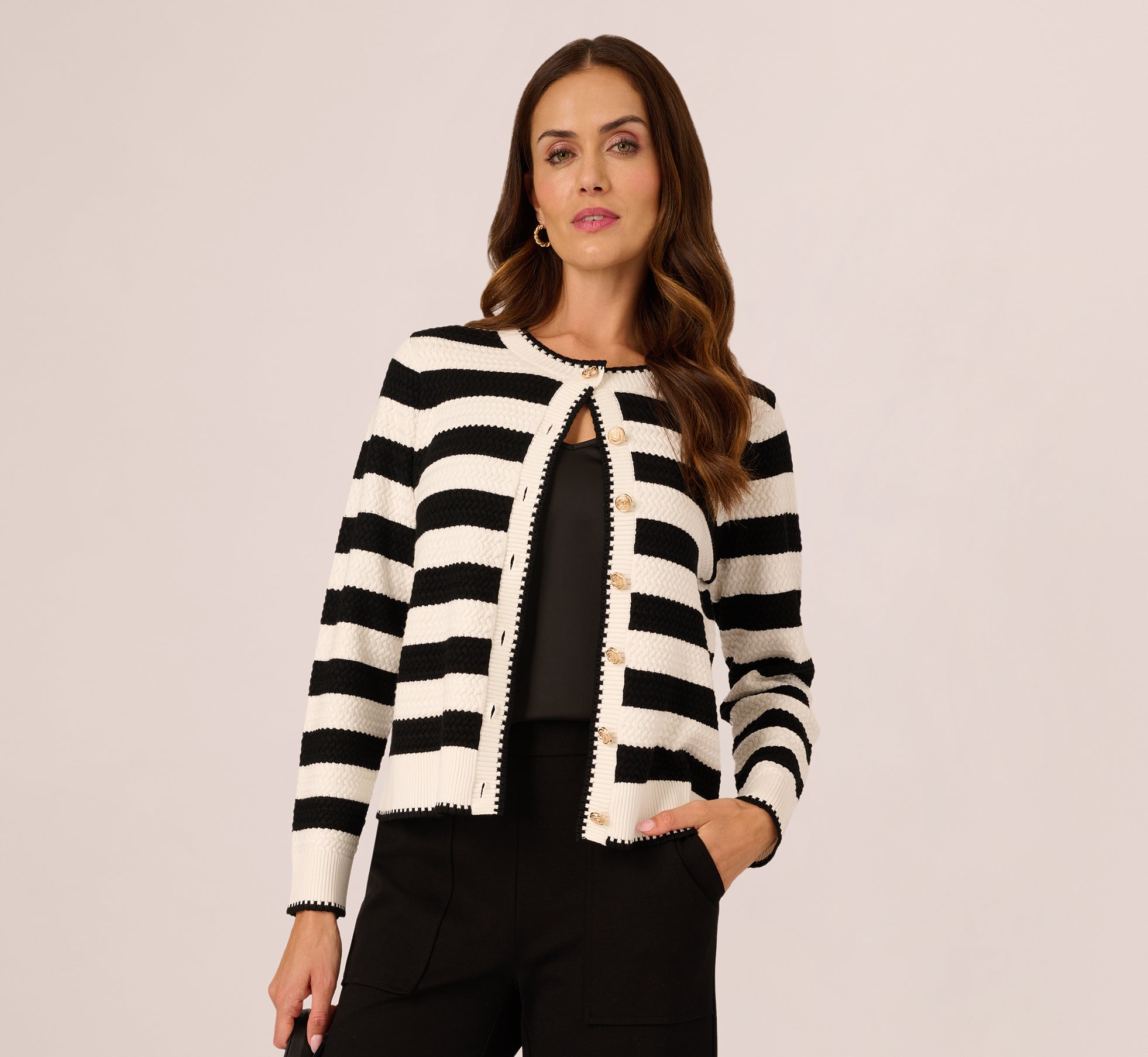 Textured Knit Blanket Stitch Cardigan Sweater In Ivory Black 1