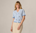 Short Sleeve Bow Pullover Sweater In Classic Blue Ivory 3