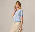 Short Sleeve Bow Pullover Sweater In Classic Blue Ivory 1