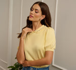 Puff Sleeve Beaded Peter Pan Collar Top In Pastel Yellow 1