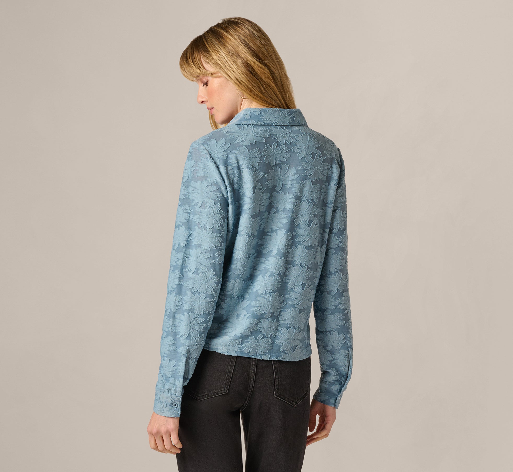 Blue Long Sleeve Semisheer Burnout Floral Blouse - Adrianna Papell
