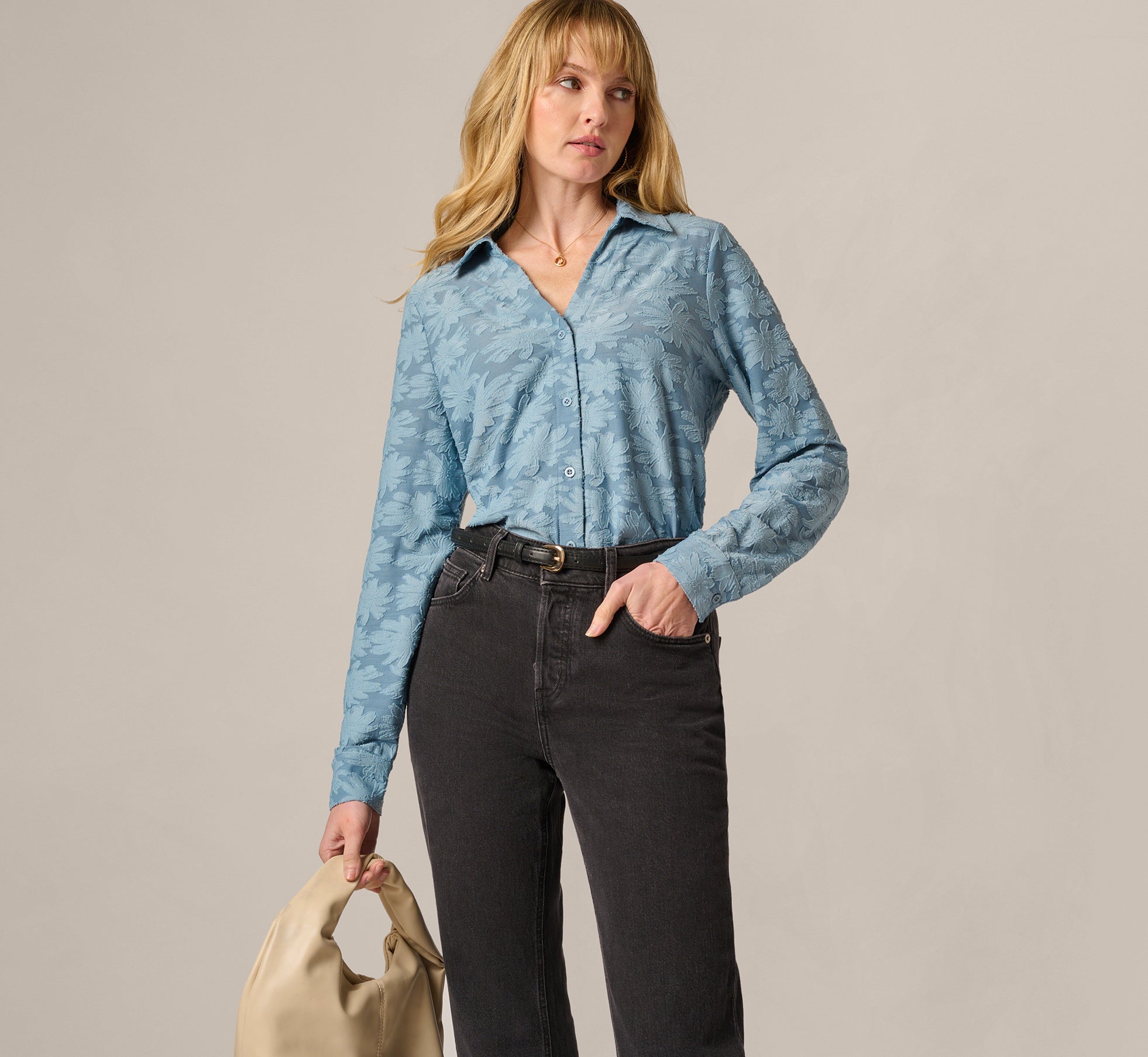 Long Sleeve Semisheer Burnout Floral Blouse In Stone Blue 1