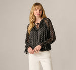 Long Sleeve Chiffon Ruffle Blouse In Black Cream Dot 3