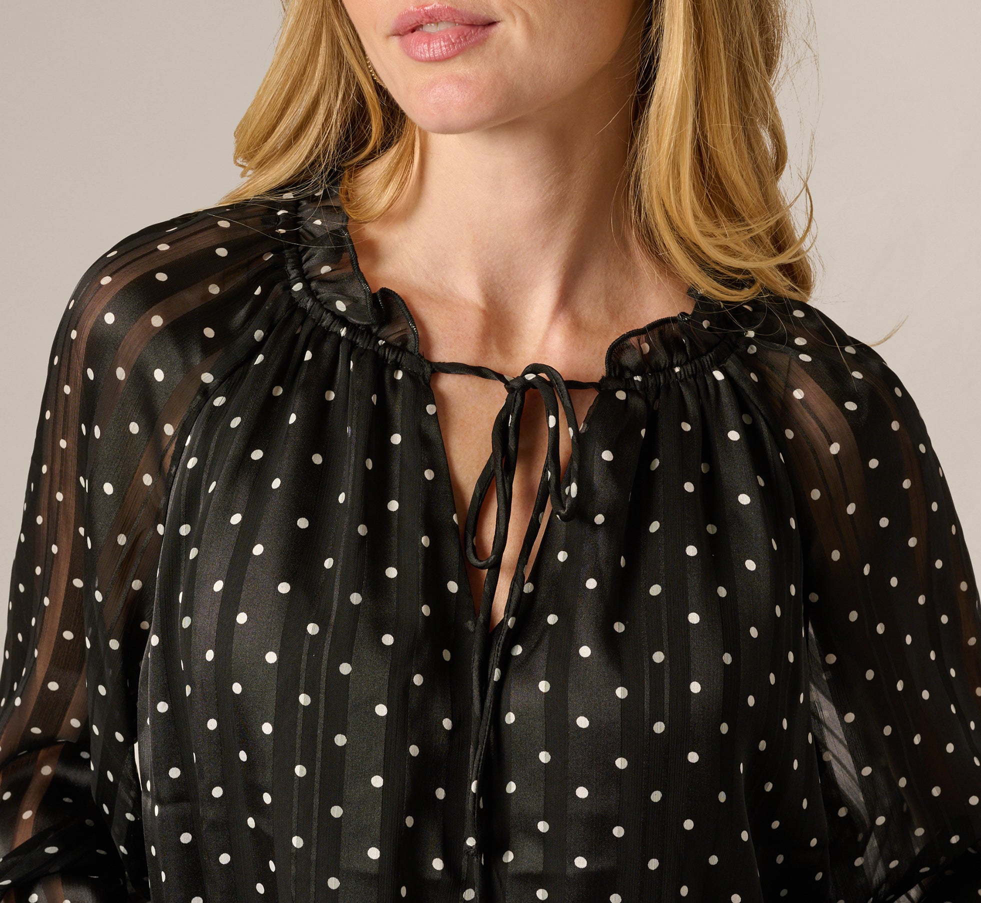 Long Sleeve Chiffon Ruffle Blouse In Black Cream Dot - Adrianna Papell