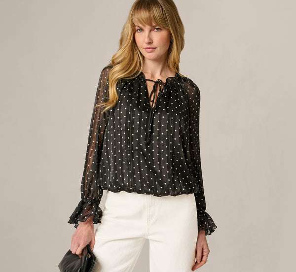 Long Sleeve Chiffon Ruffle Blouse In Black Cream Dot - Adrianna Papell