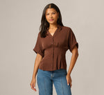 Short Sleeve Semisheer Pleated Blouse In Chicory Coffee 3
