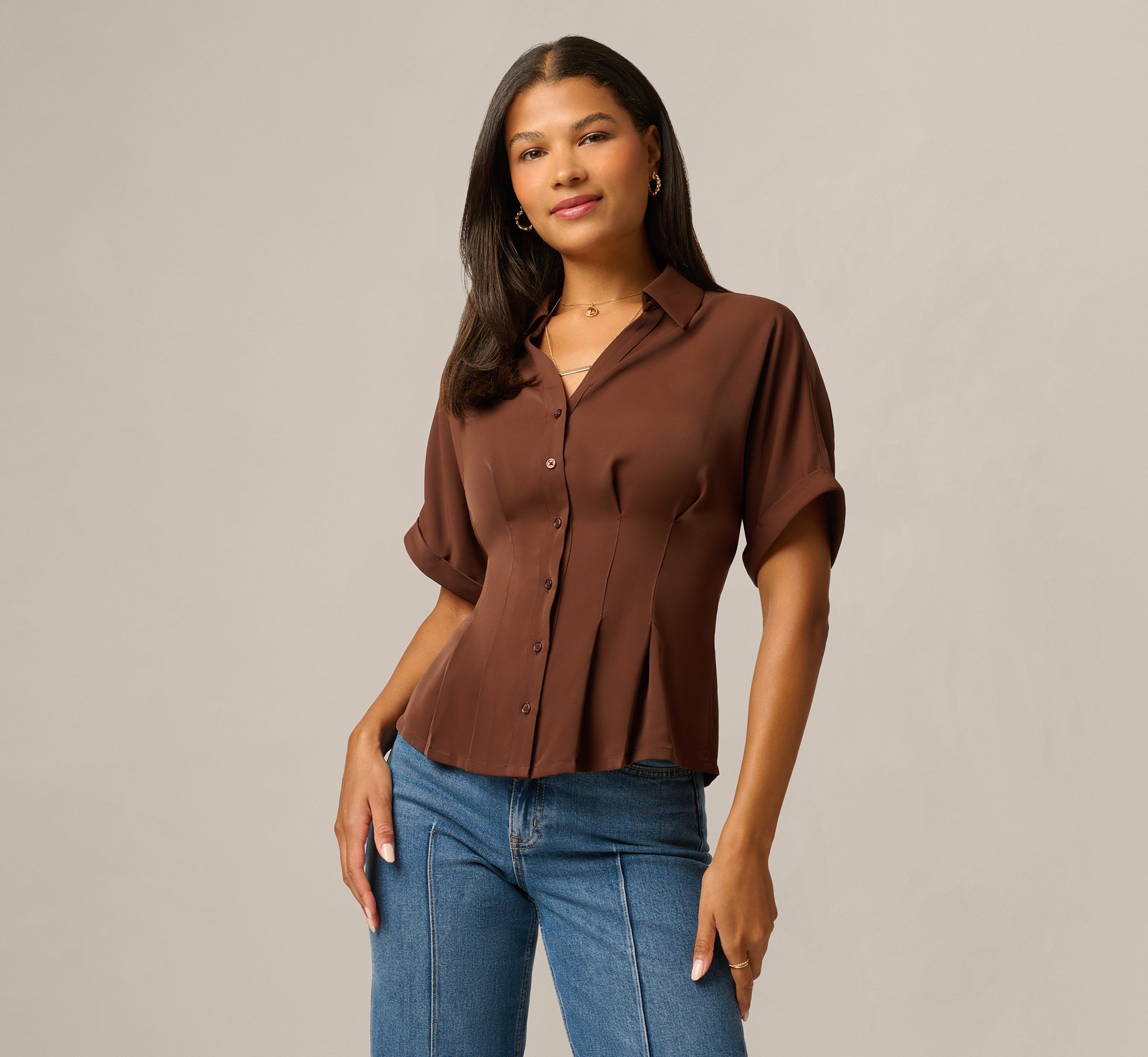 Short Sleeve Semisheer Pleated Blouse In Chicory Coffee 1