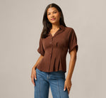 Short Sleeve Semisheer Pleated Blouse In Chicory Coffee 1