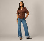 Short Sleeve Semisheer Pleated Blouse In Chicory Coffee 2