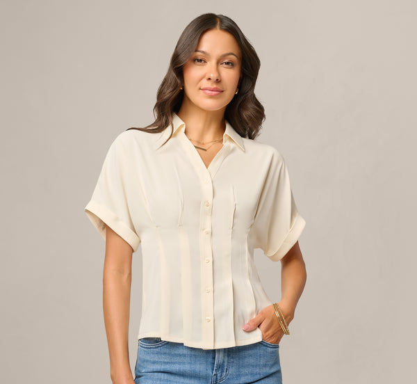 Ivory Short Sleeve Semisheer Pleated Blouse - Adrianna Papell
