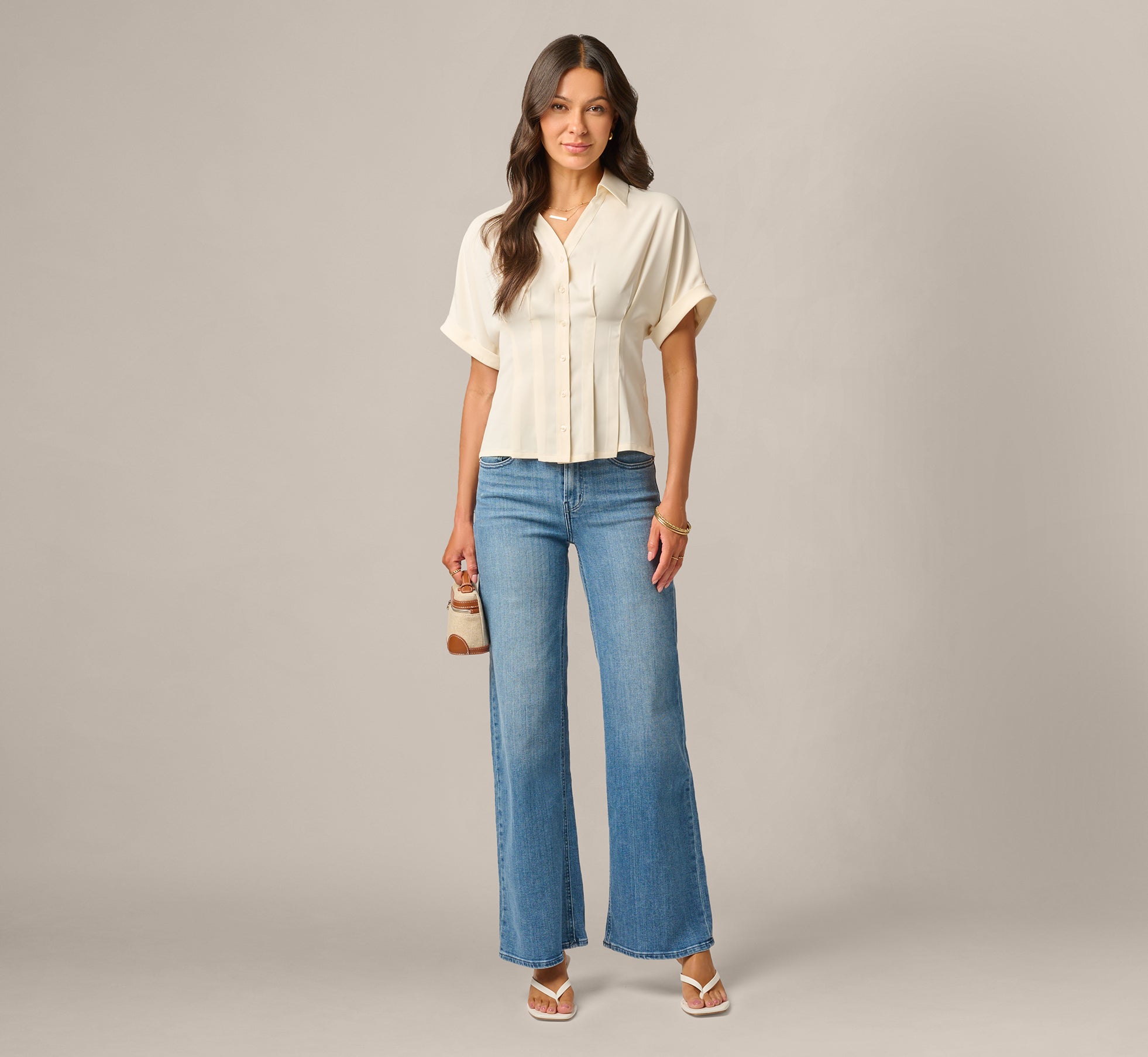 Ivory Short Sleeve Semisheer Pleated Blouse - Adrianna Papell