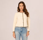 Fringe Trim Boucle Tweed Cardigan Jacket In Ivory Black 3