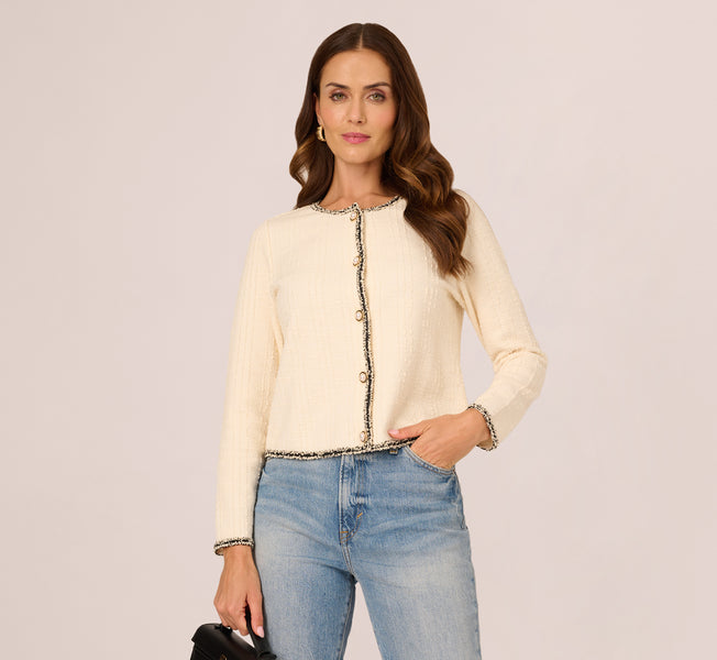 Fringe Trim Boucle Tweed Cardigan Jacket In Ivory Black - Adrianna