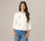 Three Quarter Sleeve Floral Embroidery Cardigan Sweater In Ivory 3