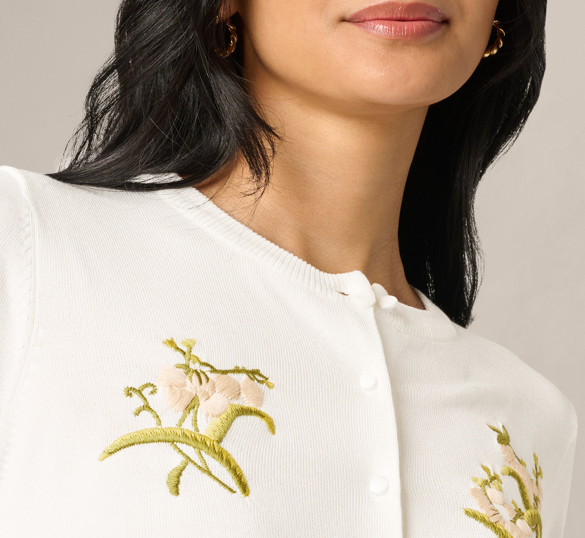 White Three Quarter Sleeve Floral Embroidery Cardigan Sweater