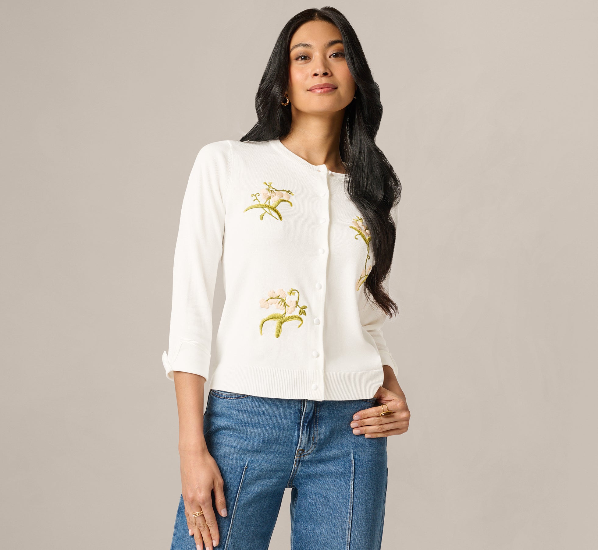 Three Quarter Sleeve Floral Embroidery Cardigan Sweater In Ivory 1