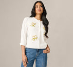 Three Quarter Sleeve Floral Embroidery Cardigan Sweater In Ivory 1