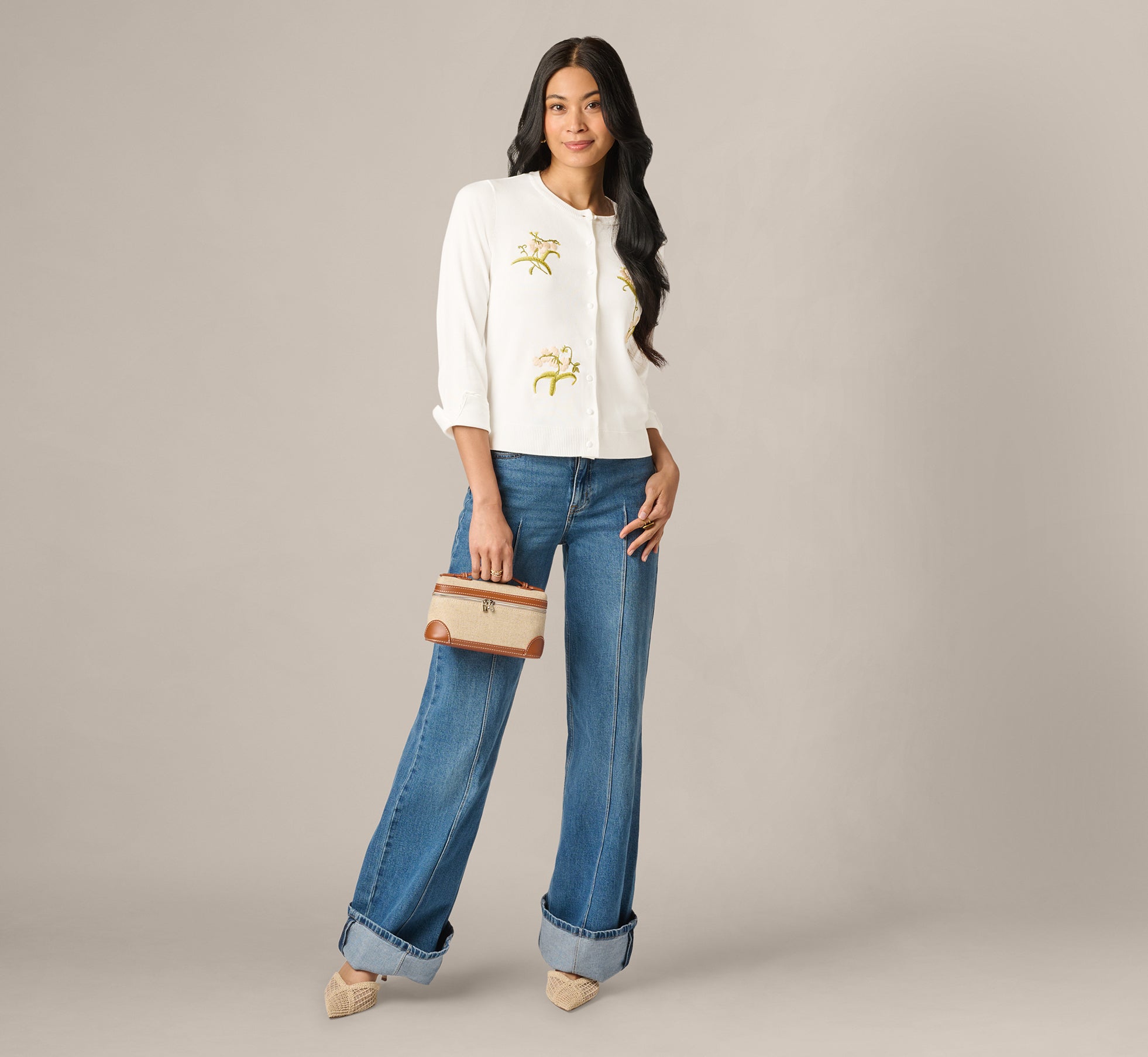 White Three Quarter Sleeve Floral Embroidery Cardigan Sweater