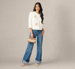 Three Quarter Sleeve Floral Embroidery Cardigan Sweater In Ivory 2