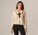 Waffle Weave Bow Collar Pullover Sweater In Cream Black 3