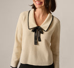 Waffle Weave Bow Collar Pullover Sweater In Cream Black 4