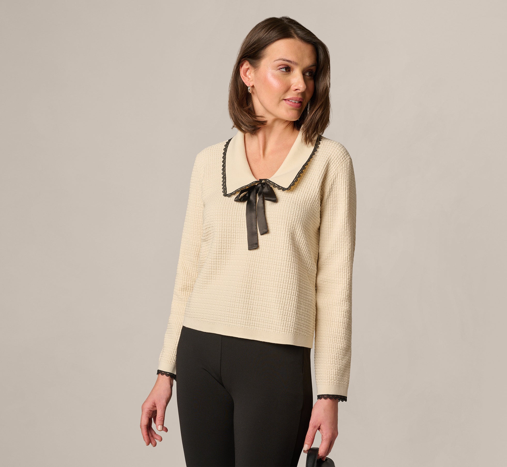 Waffle Weave Bow Collar Pullover Sweater In Cream Black 1