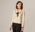 Waffle Weave Bow Collar Pullover Sweater In Cream Black 1