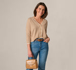 V Neck Button Front Cardigan Sweater In Ivory Camel 1