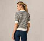 Short Sleeve Tie Neck Cardigan In Ivory Black 6