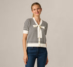 Short Sleeve Tie Neck Cardigan In Ivory Black 3