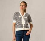 Short Sleeve Tie Neck Cardigan In Ivory Black 1