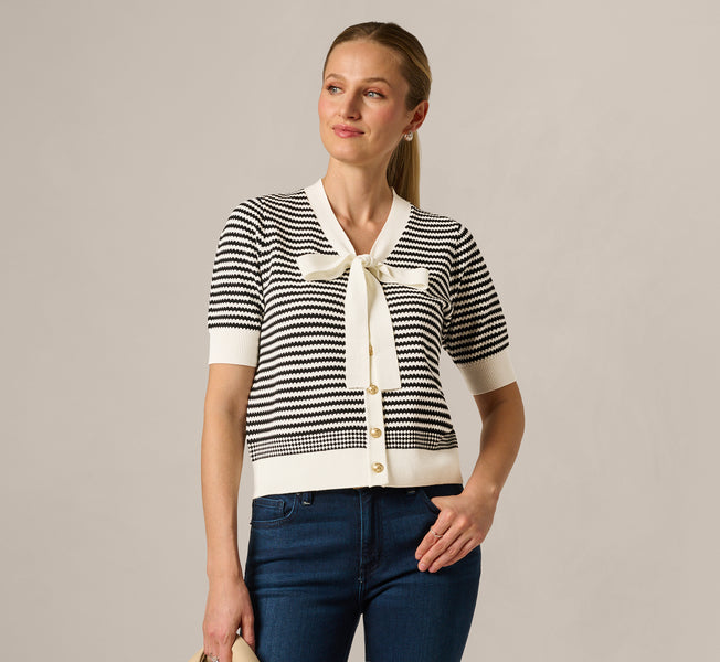 Black Short Sleeve Tie Neck Cardigan - Adrianna Papell